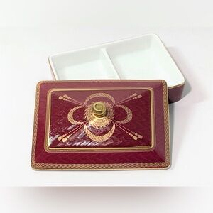 Vintage Neiman Marcus Porcelain Divided Trinket Box - Burgundy Gold Card Holder